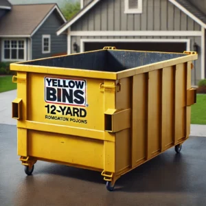 Yellow Bin dumpster placed in a driveway during fall cleanup